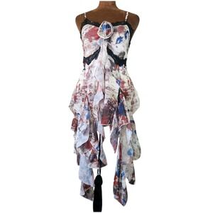 Y2K Style Asymmetrical Hem Top Lace Sleeveless Abstract Print Flowy Multicolor
